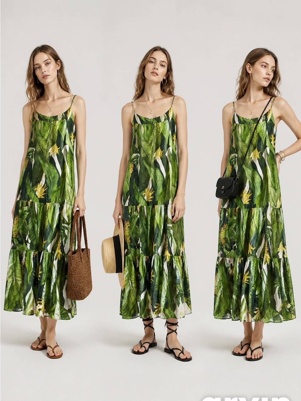 H&M Green and Yellow Tropical Leaf Maxi Dress